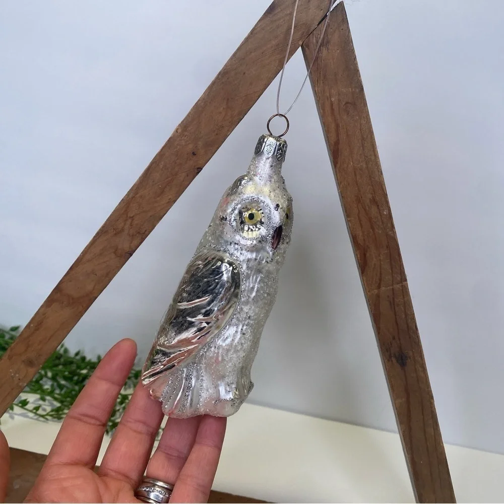 Hand Blown Glass Frosted White & Silver Owl Christmas Ornament